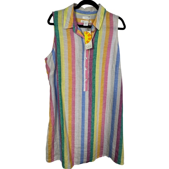 C&C California Dresses & Skirts - C&C California Womens 1X Linen Shirt Dress Sleeveless Multicolor Stripe NWT